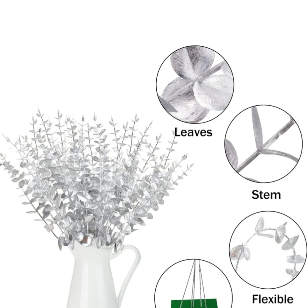 Set of 15 Faux Eucalyptus Stems - 10 Black & 5 Silver - 15